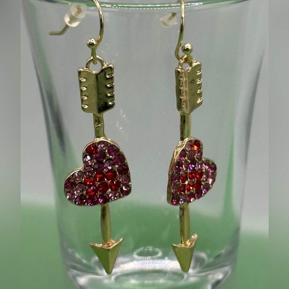Sparkling Heart Arrow Earrings in Gold with Red and Pink Crystal Accents